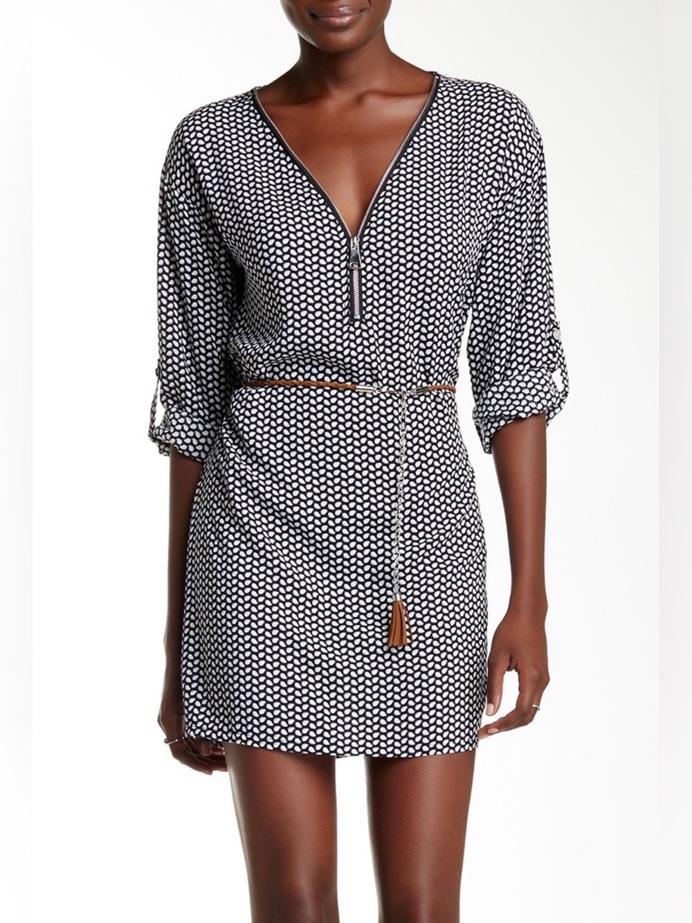 COCO & Tashi Black White Geometric Zip Tunic Top Size S 100% Cotton